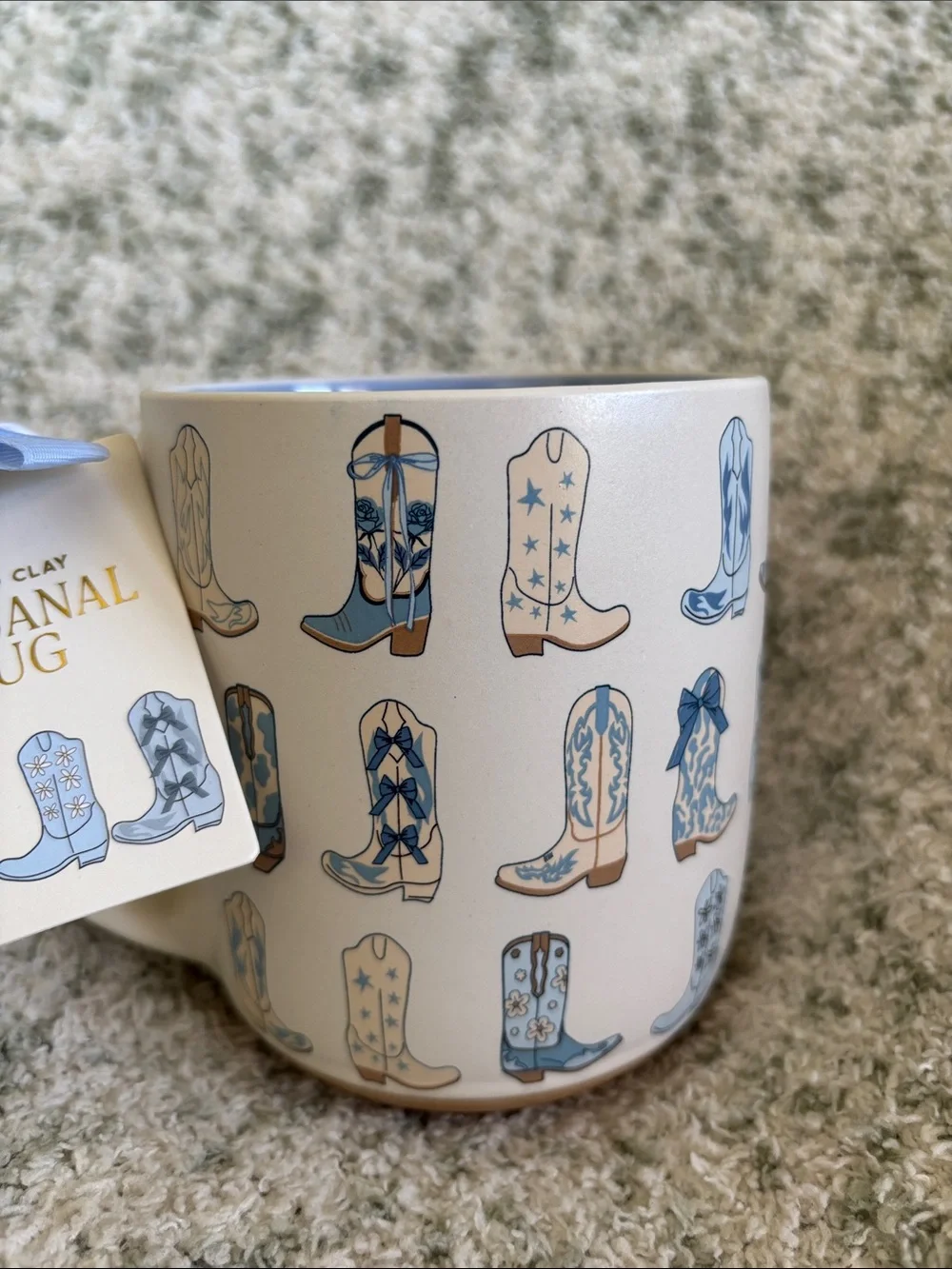 Cute Artisan Blue & Cream Cowboy Boot Ceramic Mug 16oz NWT Sunday Morning